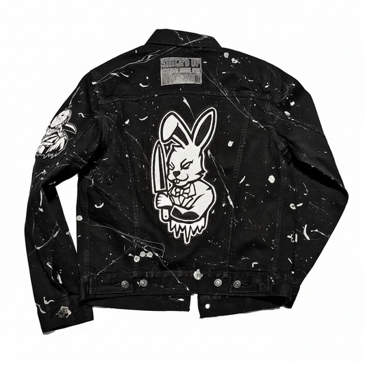 Black custom embroidered denim jacket with white rabbit embroidery